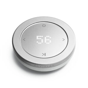 Silver Devialet remote control displaying 30 degrees