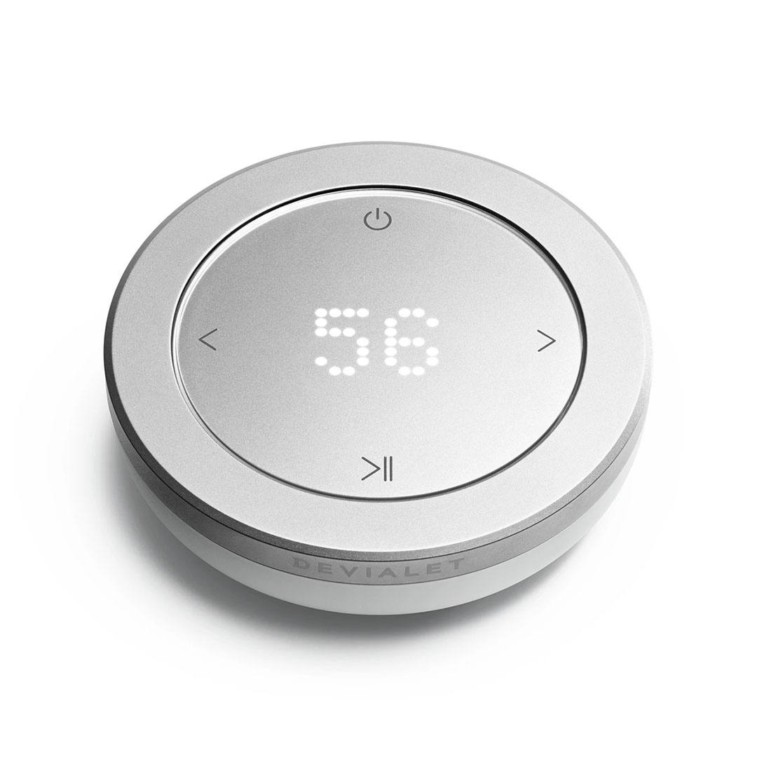 Silver Devialet remote control displaying 30 degrees