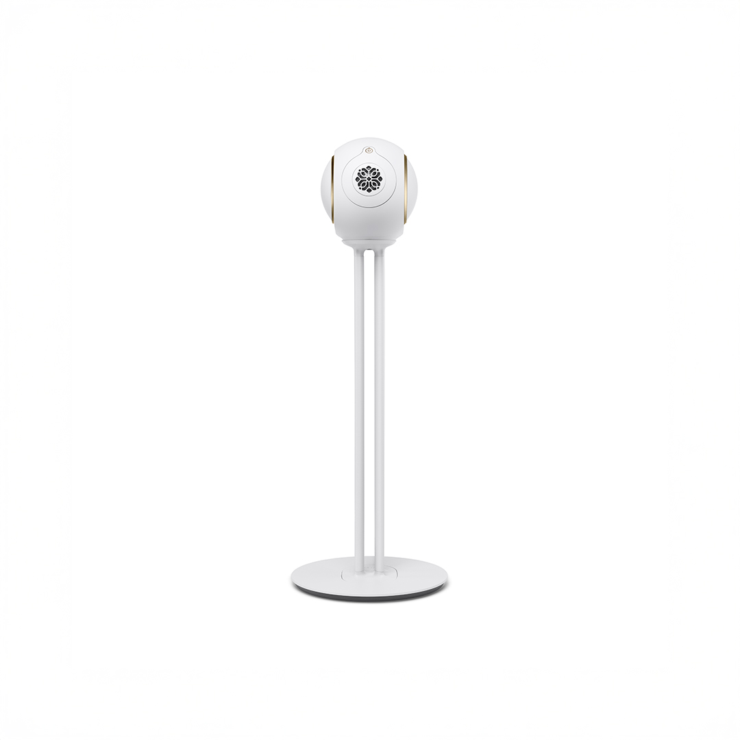 White electronic device mounted on a tall floor stand