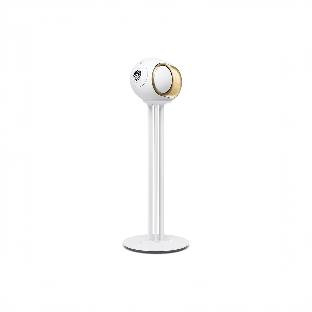 White and gold Devialet Phantom speaker on Tree pedestal stand
