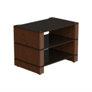 Modern three-tier wooden shelf with dark finish.