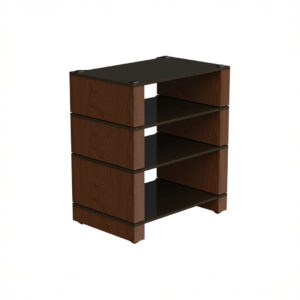 Wooden four-shelf storage unit with black surfaces.