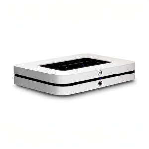 White wireless audio streaming device on white background.