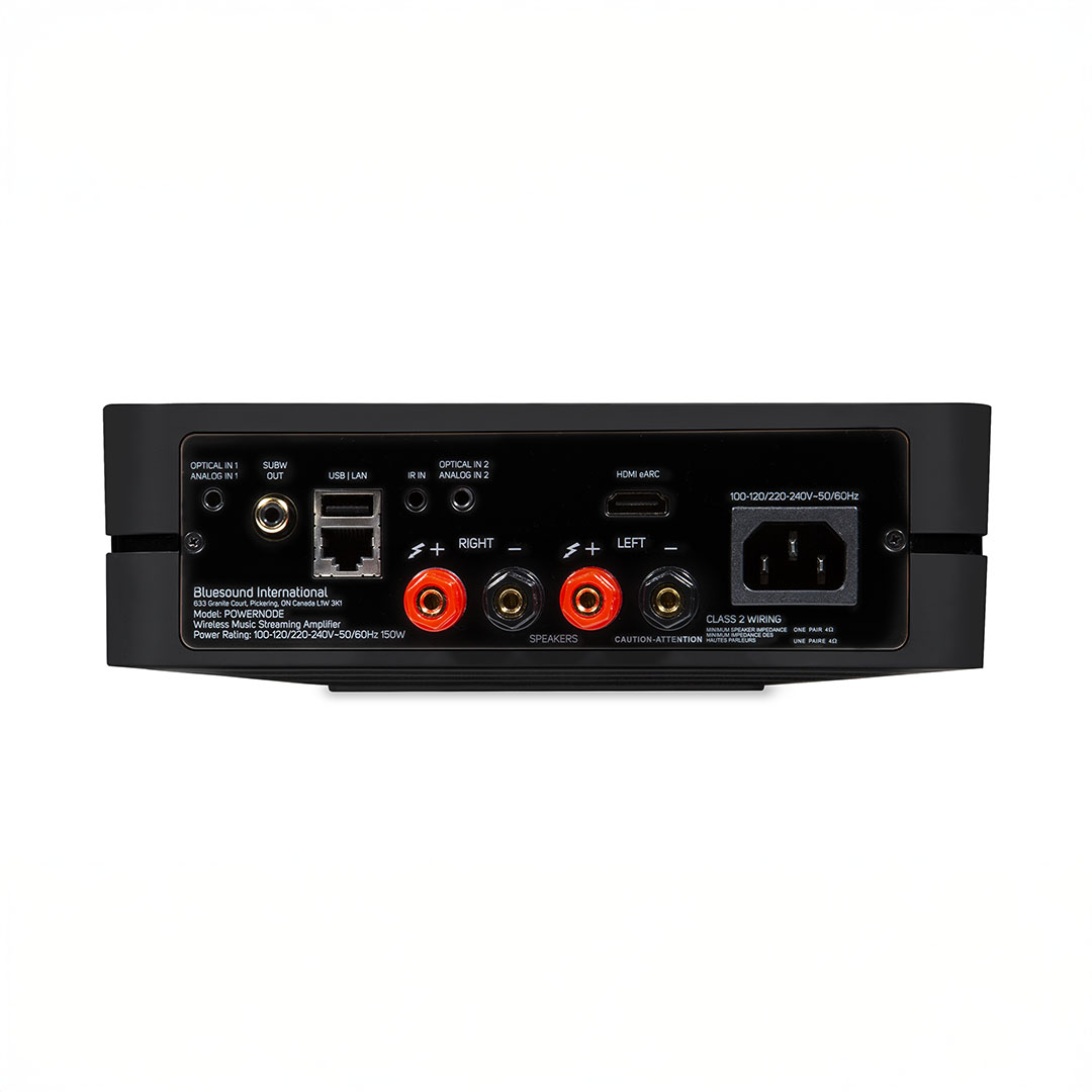 Back panel of stereo amplifier with various ports.