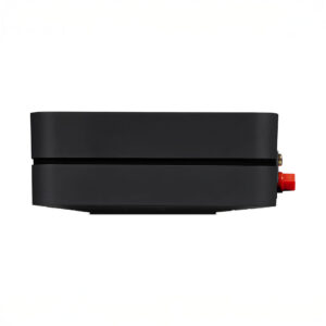 Black electronic device with red component on side