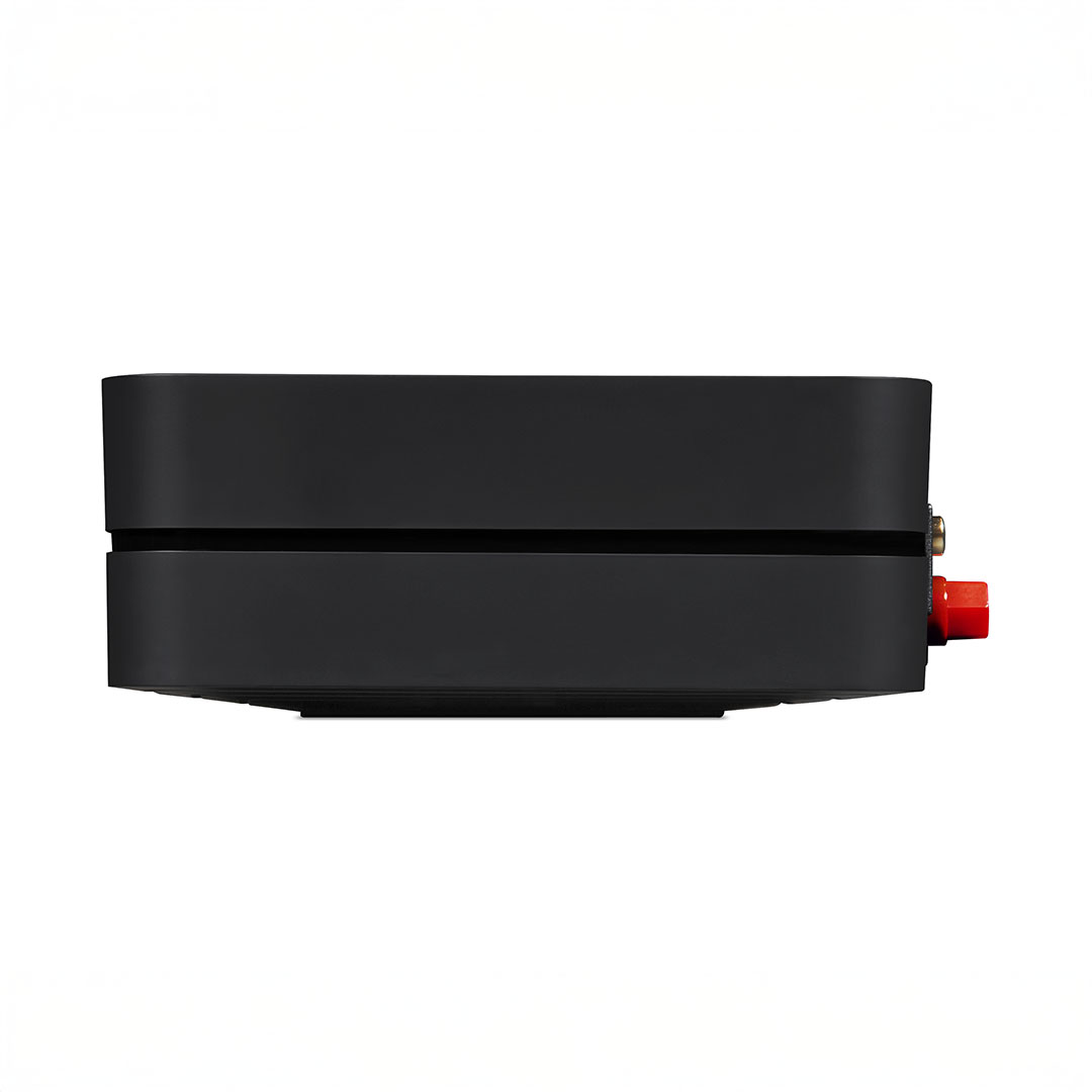 Black electronic device with red component on side