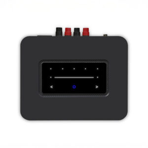 Black audio amplifier with touch controls.