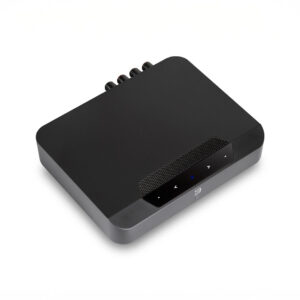 Black wireless audio amplifier with control buttons.