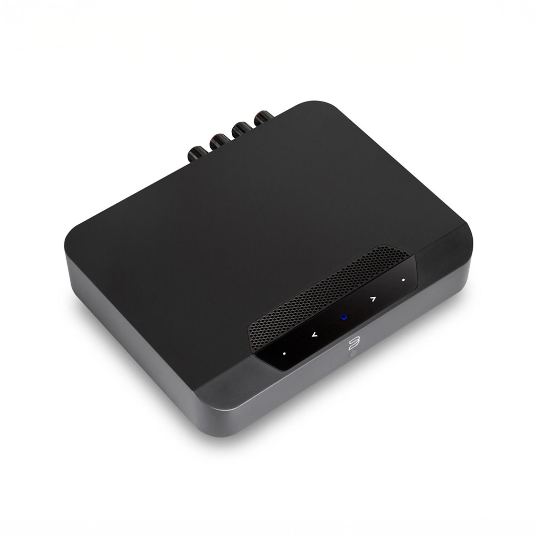 Black wireless audio amplifier with control buttons.