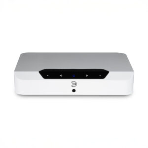 White audio streaming device with buttons and logo.