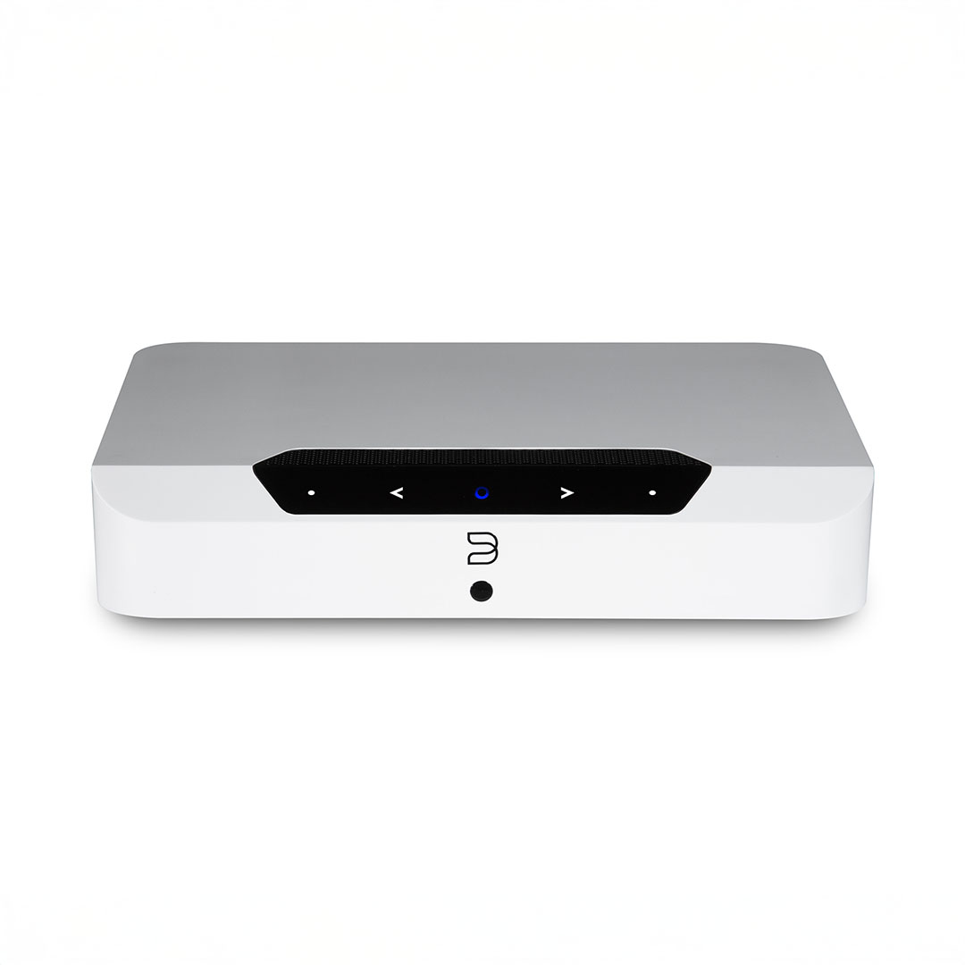 White audio streaming device with buttons and logo.