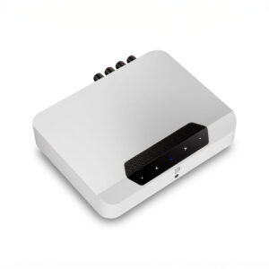 White media server with control panel and connectors.