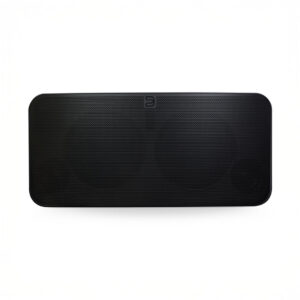 Black wireless speaker with logo on top.