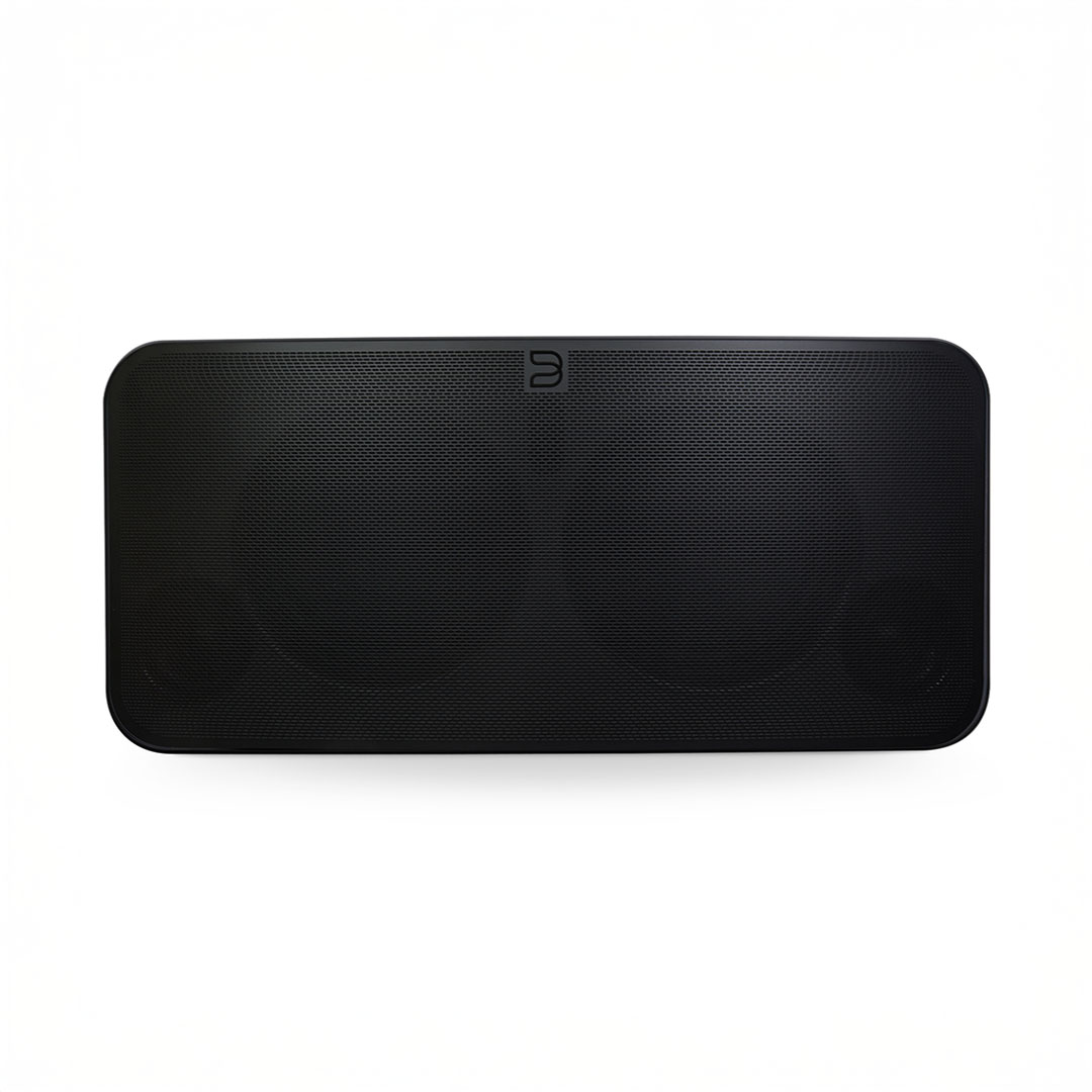 Black wireless speaker with logo on top.