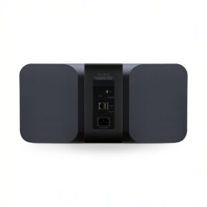 Rear view of black wireless streaming speaker system.