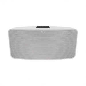 Portable wireless speaker with gray mesh design.