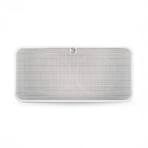 White wireless speaker with mesh grille and logo.