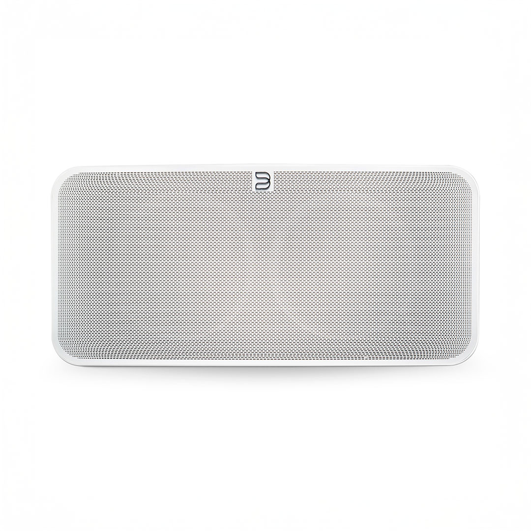 White wireless speaker with mesh grille and logo.
