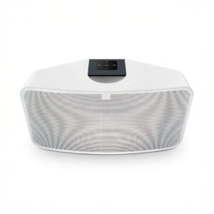 Modern white wireless speaker with control panel.