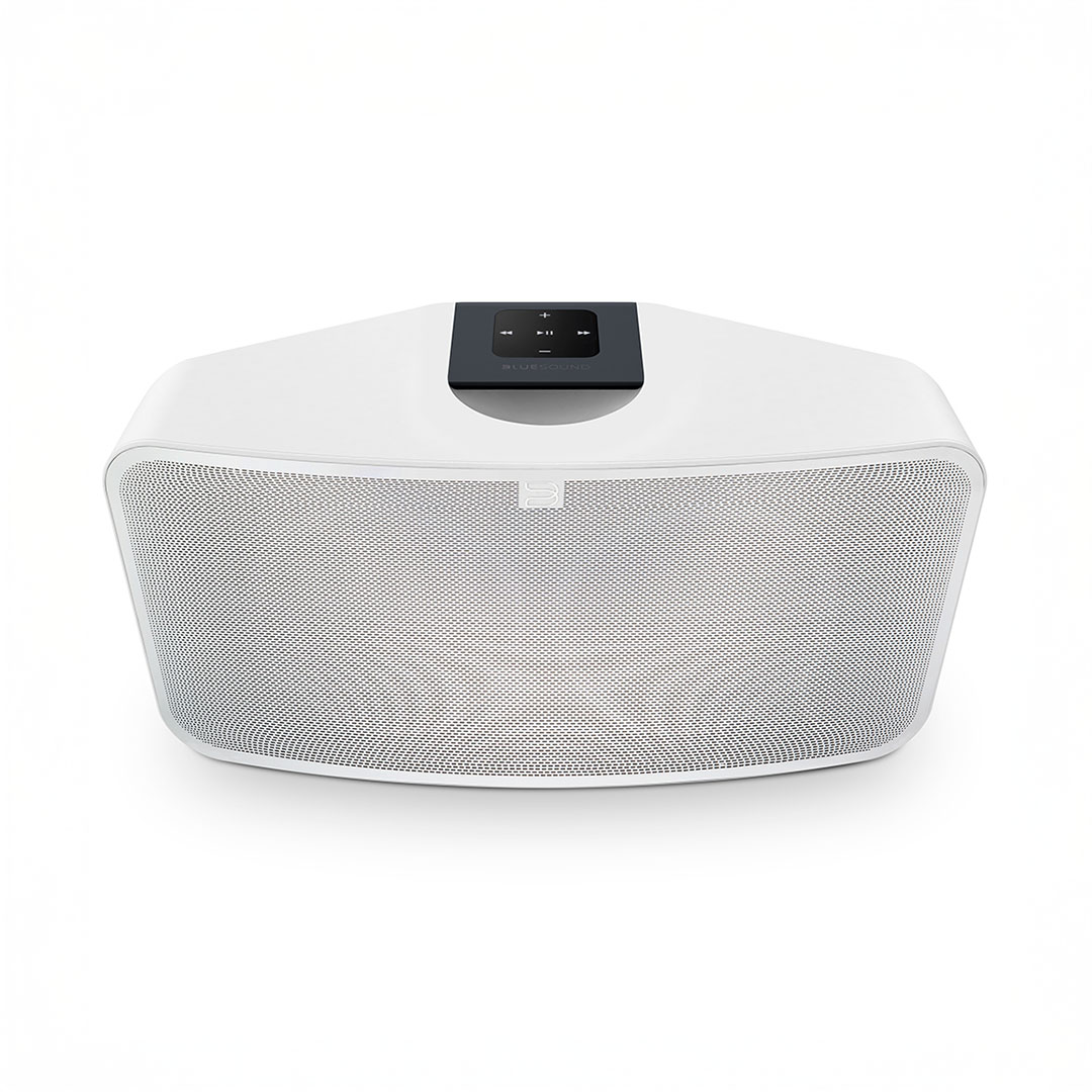 Modern white wireless speaker with control panel.