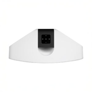 Modern white range hood with black control panel.