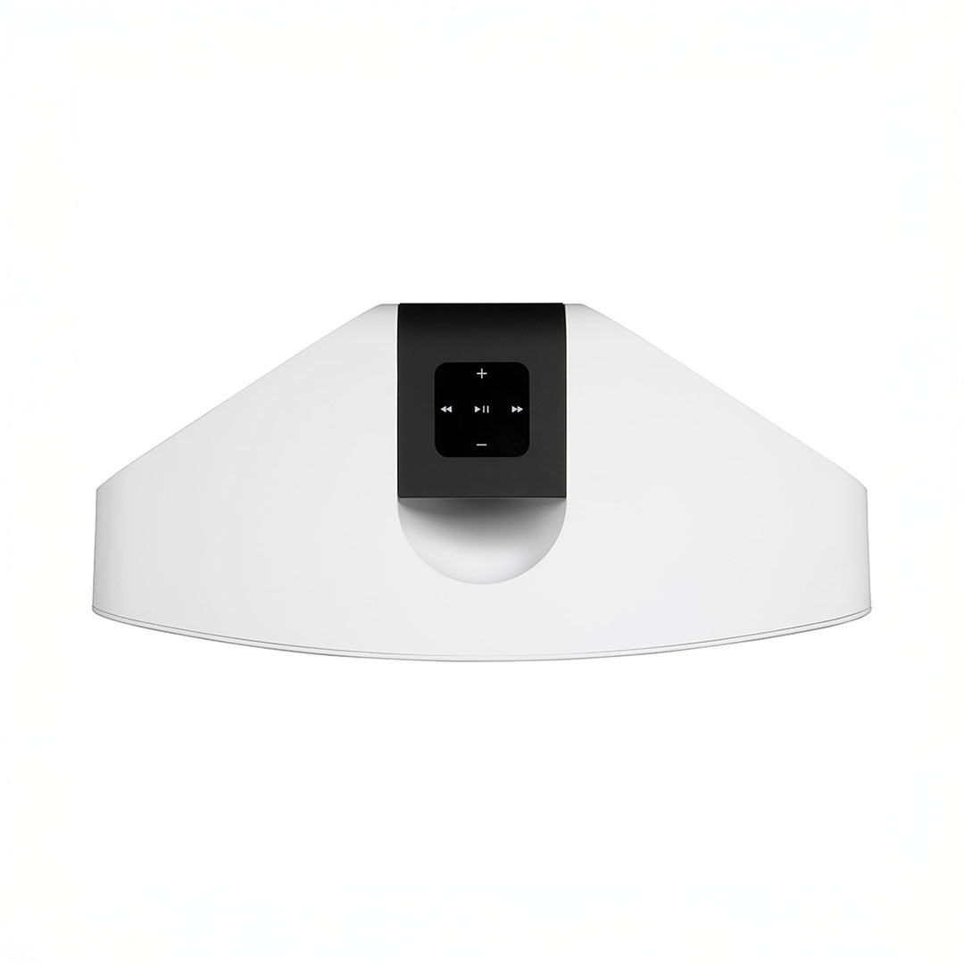 Modern white range hood with black control panel.