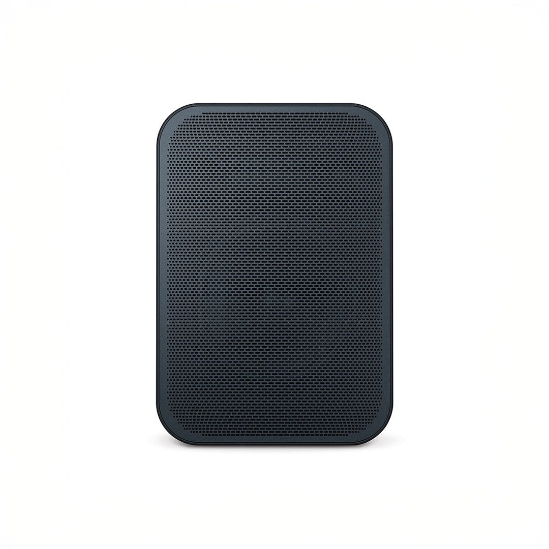 Black portable speaker with a minimalist design