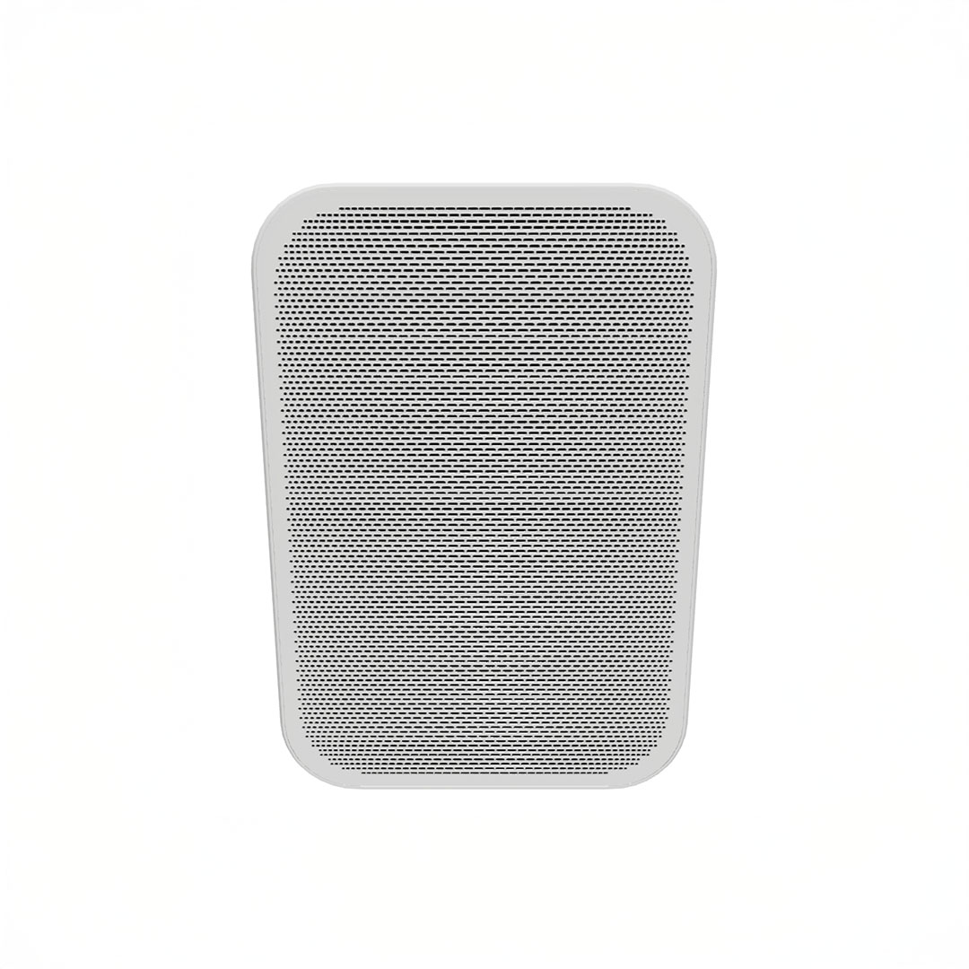White ceiling speaker with perforated grill.