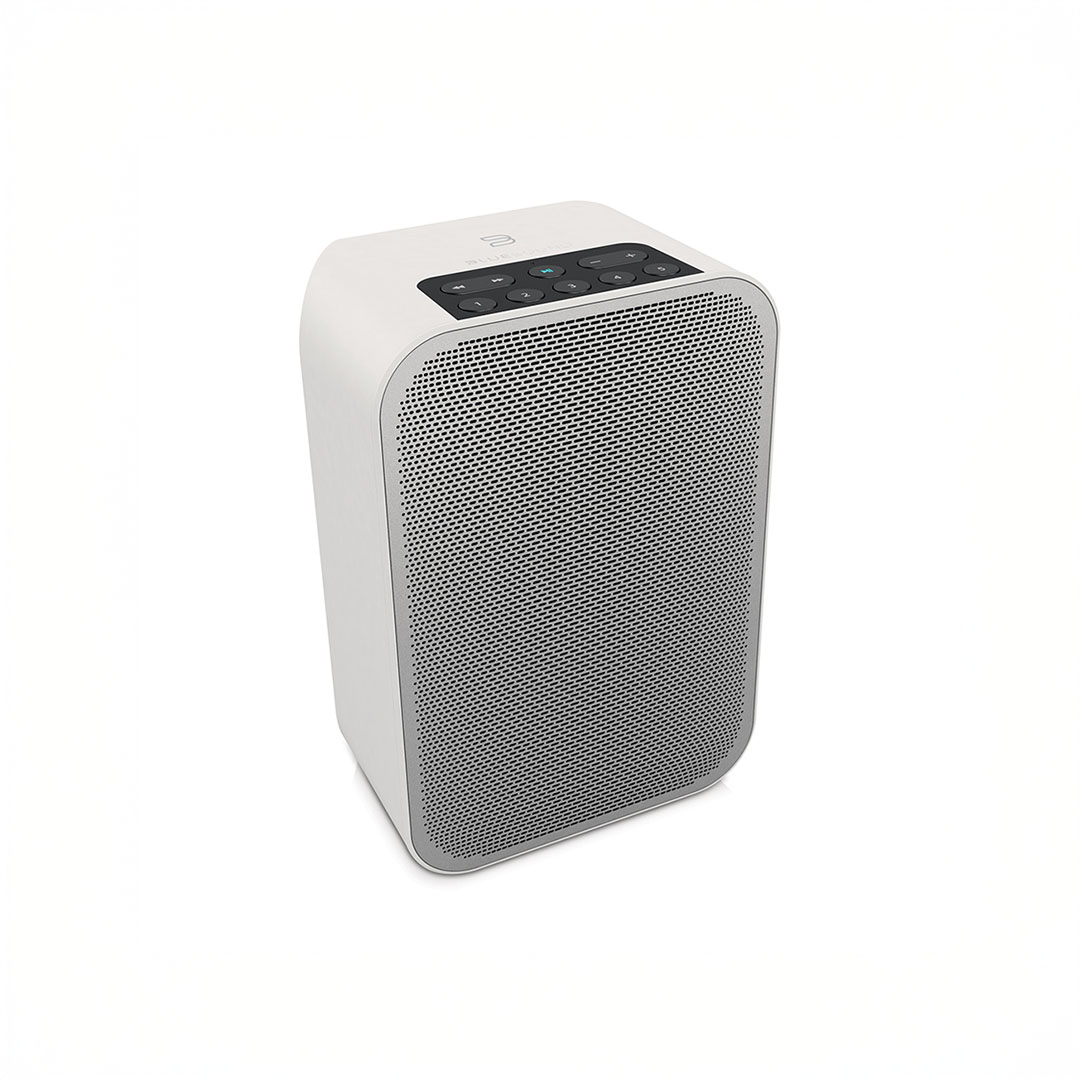 White Bluetooth speaker with control buttons