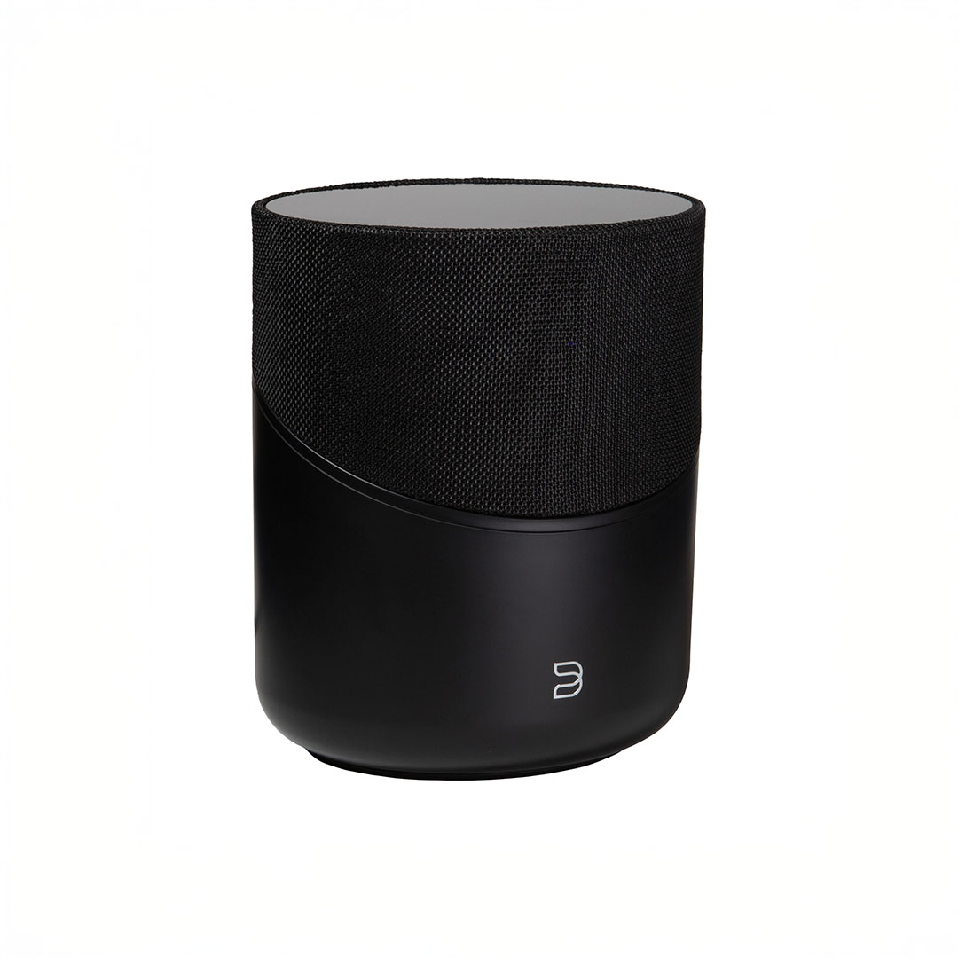 Black wireless speaker with mesh design.