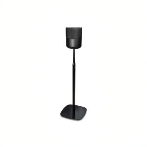 Black speaker on adjustable floor stand.