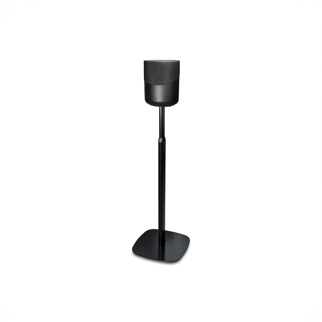 Black speaker on adjustable floor stand.