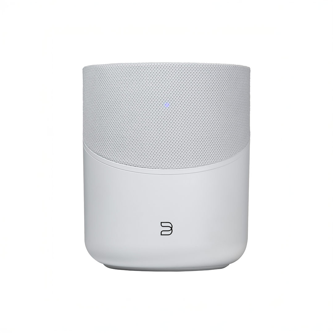 Modern white smart speaker with sleek design.
