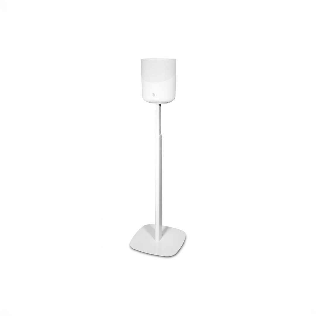 White speaker on stand with square base