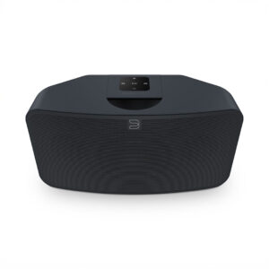 Black wireless speaker with control buttons on top.