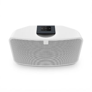 White wireless speaker with control panel on top.