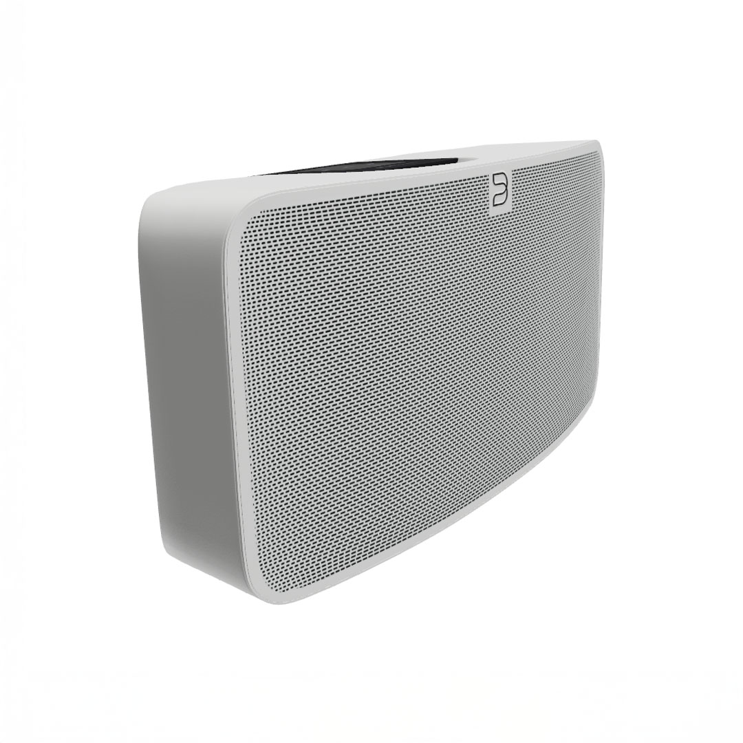 Curved gray wireless speaker with perforated grill