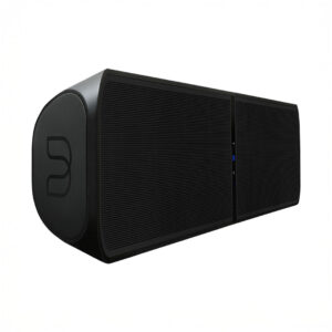 Black wireless speaker on white background.