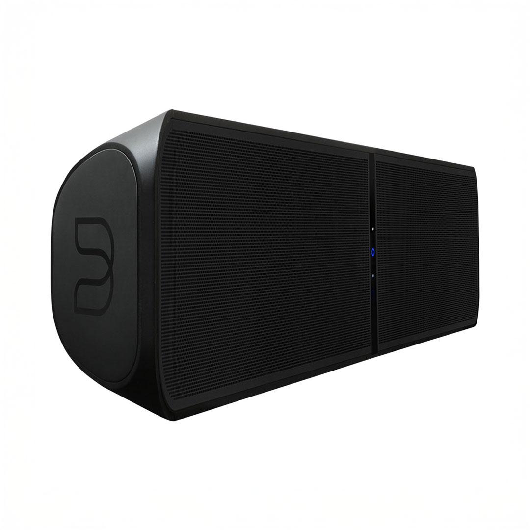 Black wireless speaker on white background.