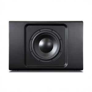 Black subwoofer with speaker cone front view.
