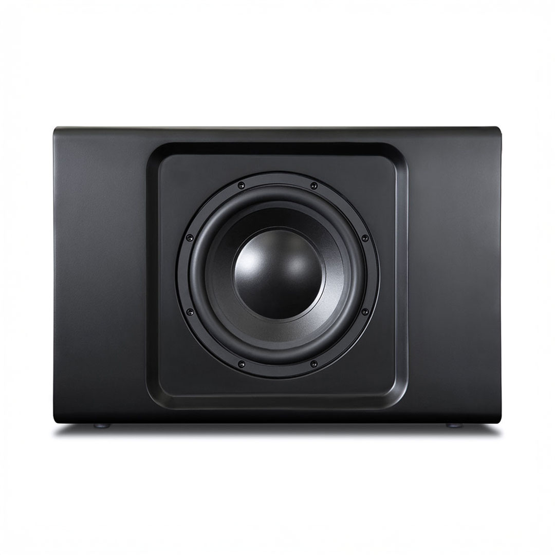 Black subwoofer with speaker cone front view.