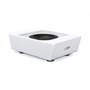White subwoofer with modern design.