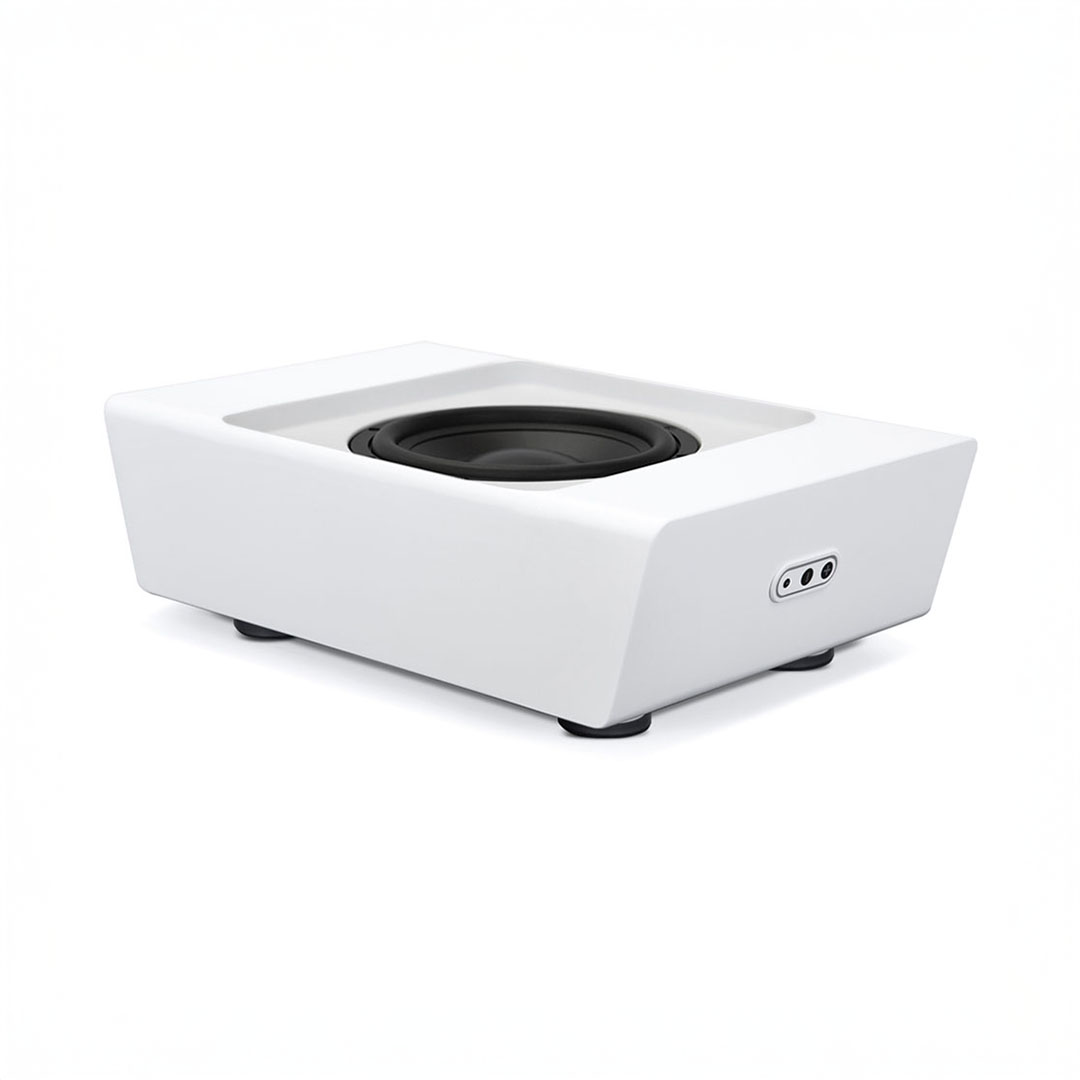 White subwoofer with modern design.