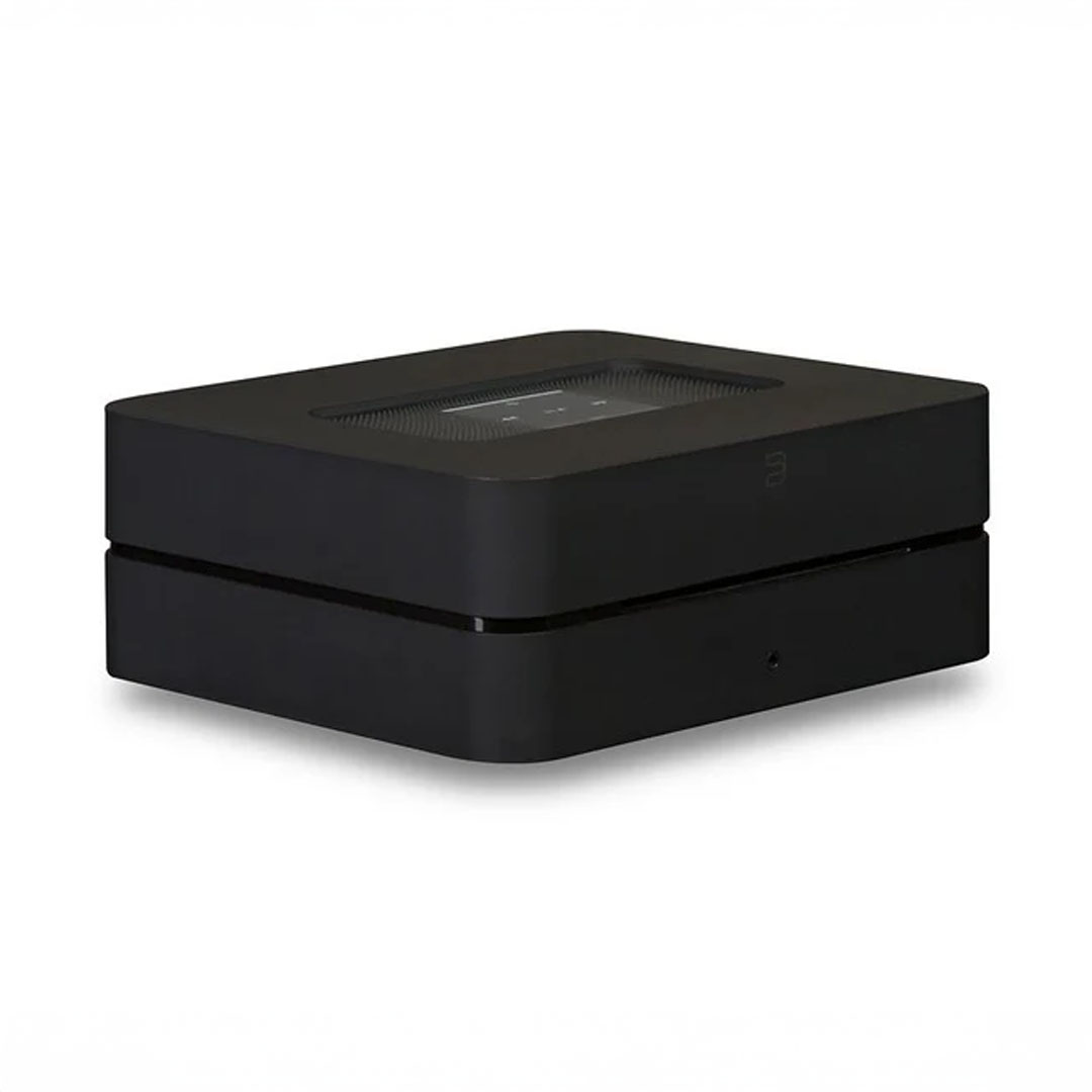 Black wireless audio receiver on white background.