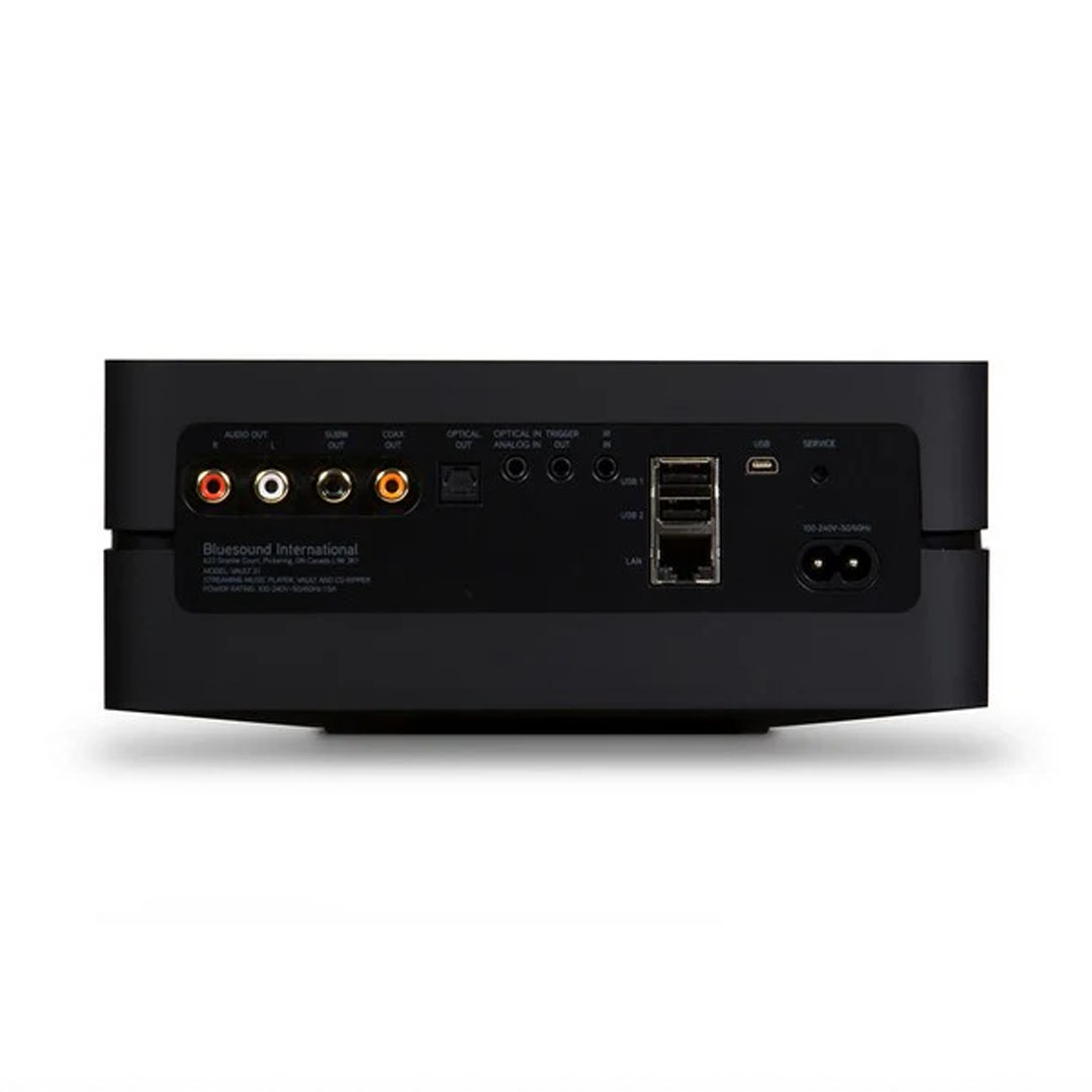 Audio amplifier rear panel with various input ports.