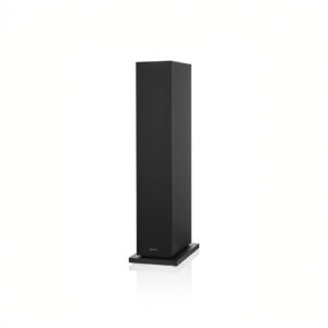 Black floor-standing speaker on white background