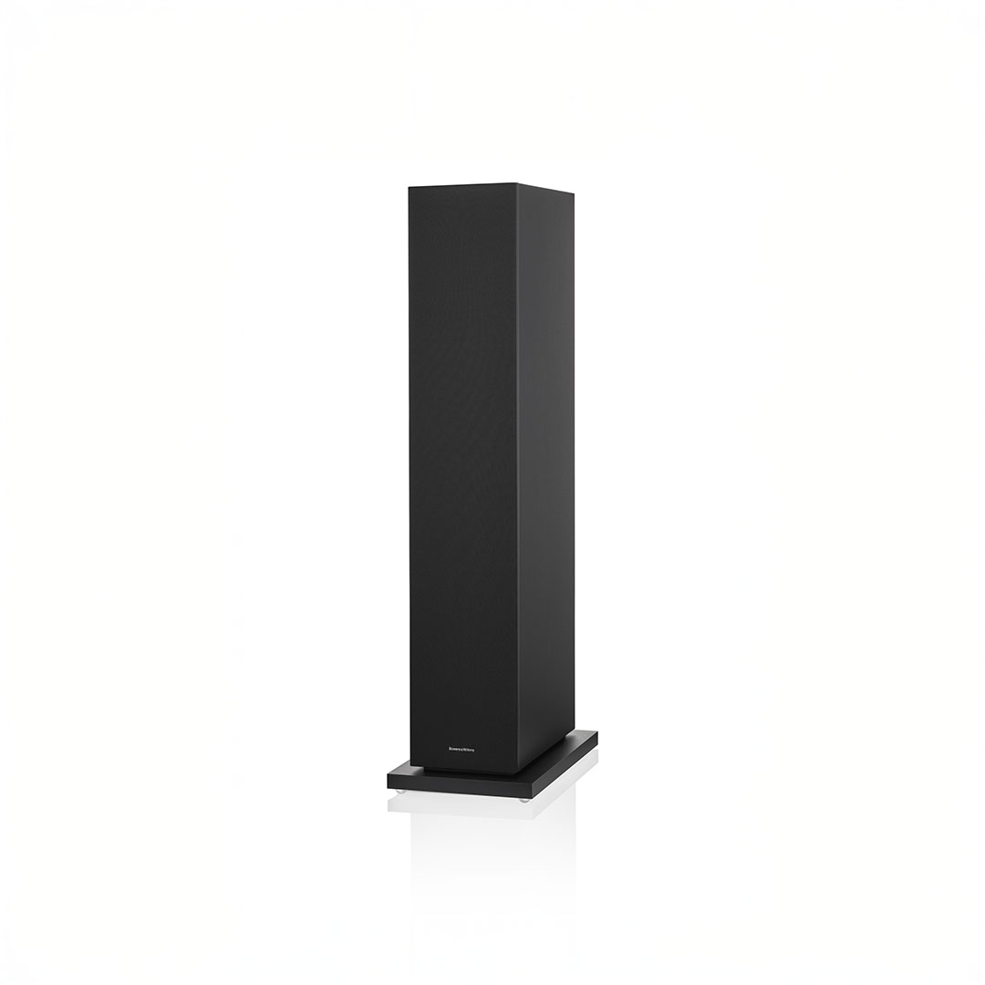 Black floor-standing speaker on white background