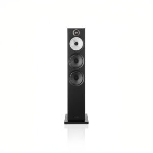Black floor-standing speaker with multiple drivers.