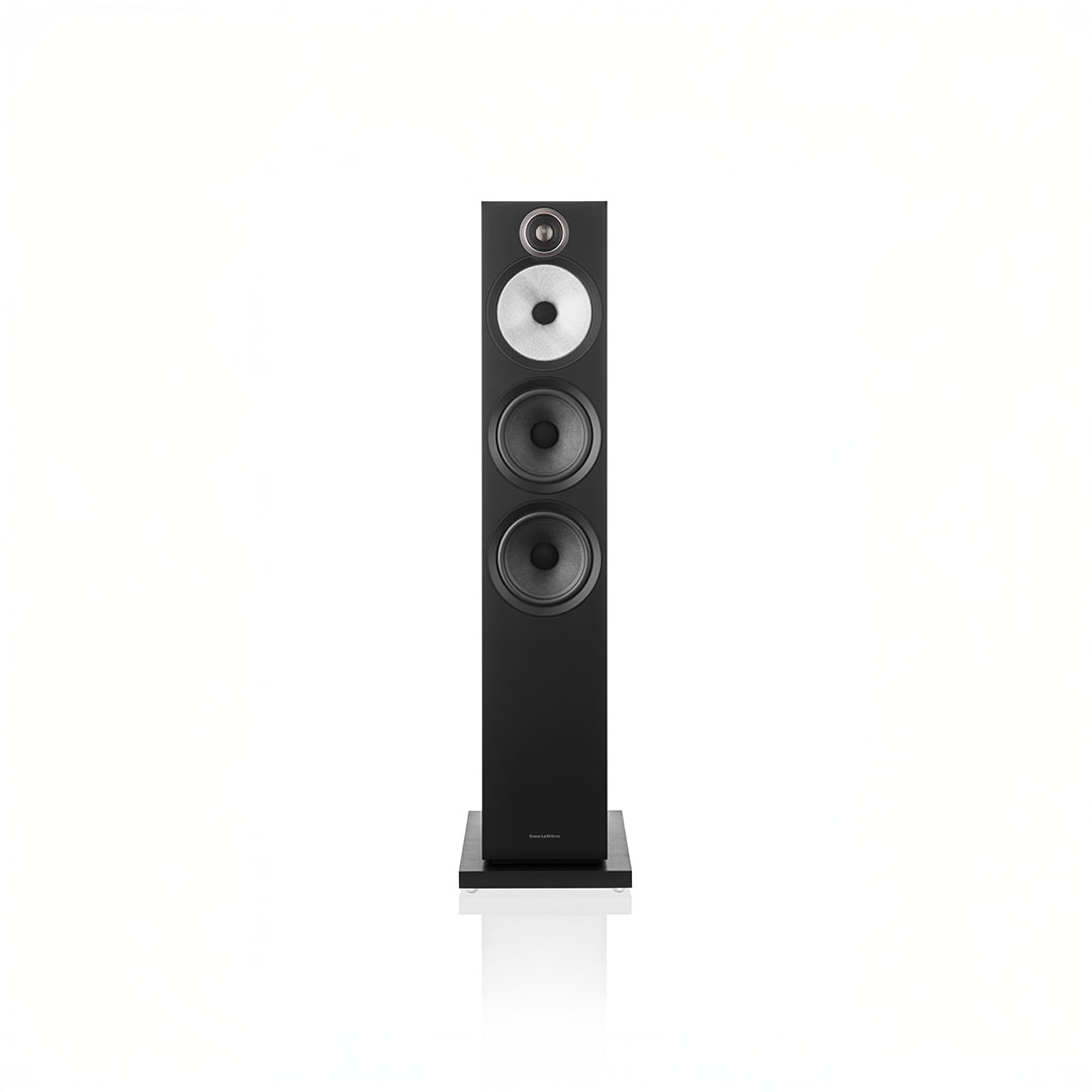 Black floor-standing speaker with multiple drivers.