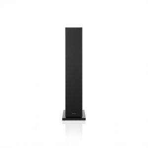 Black floor-standing speaker on white background.